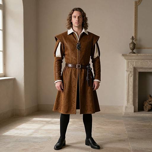 Photograph of a tall, curly-haired man in medieval brown velvet tunic, white shirt, black pants, and boots, standing in a sunlit