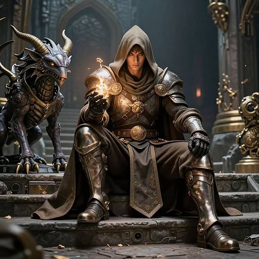 Dark fantasy digital art: hooded, armored mage with glowing orb, flanked by horned, armored demon-like creature, in misty, go