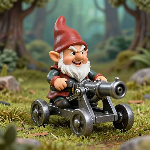 Photorealistic CGI of a smiling gnome with a red hat and white beard, riding a toy black cannon in a lush forest.