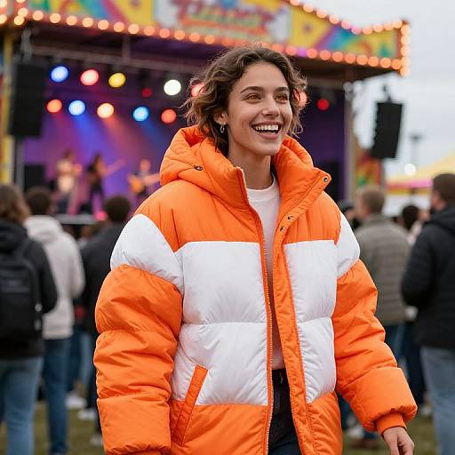 Joyful Festival-Goer in Vibrant Puffer Coat