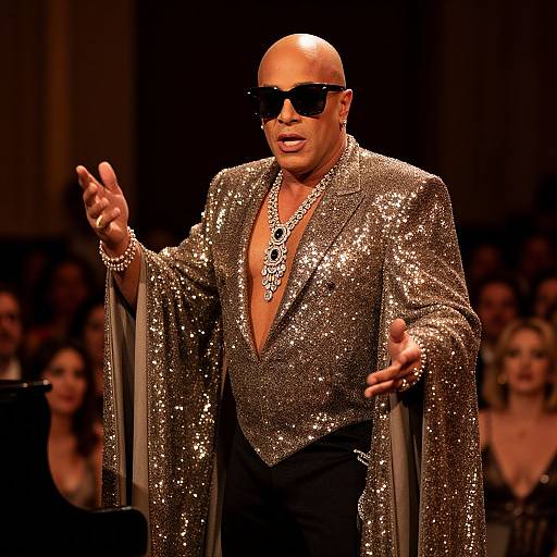Photograph of a bald, muscular man with dark sunglasses, wearing a sparkling silver blazer, deep V-neck, and large necklace, gesturing on