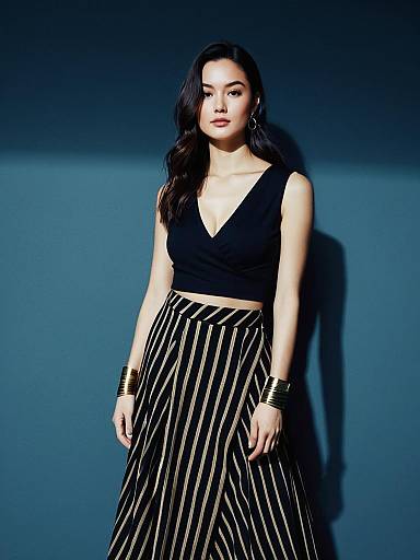 Chic Woman in Black Crop Top and Striped Midi Skirt
