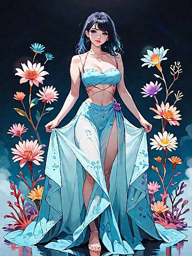 Fantasy Woman in Flowing Blue Dress with Floral Background