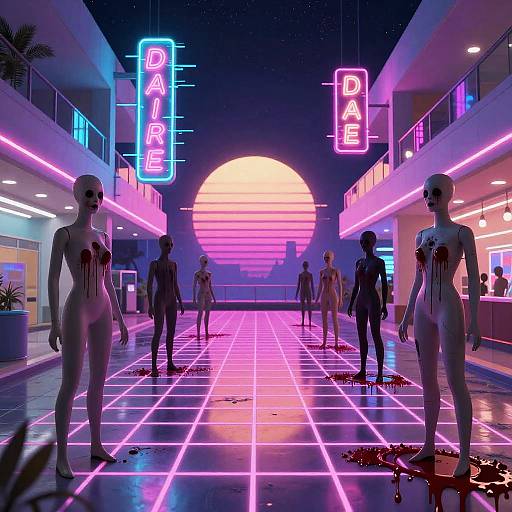 Neon-lit, retro-futuristic street at night with a massive pink sun, blood-covered, nude, headless human mannequins