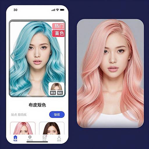 Digital image of two side-by-side portraits of an Asian woman with long, wavy hair in blue and pink shades, displayed on a smartphone screen against