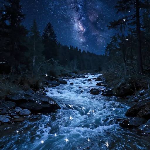 Photograph of a luminous night forest stream, star-filled sky, and Milky Way visible above silhouetted trees, with glowing star-like reflections