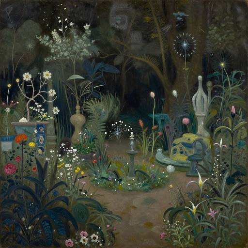 Whimsical nighttime garden scene, digital painting. Lush, dark foliage with glowing flowers, a statue, and a yellow house. Dreamlike,