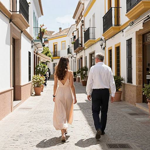 Photograph of a couple walking down a sunlit, cobblestone street in a Spanish-style village, with white and yellow buildings and potted plants