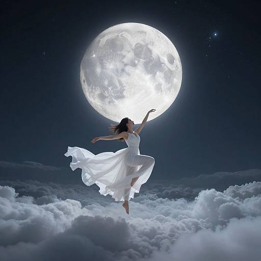 Photograph-style digital art: Woman in flowing white dress leaps above clouds, arms outstretched, moonlit night sky with bright full moon.