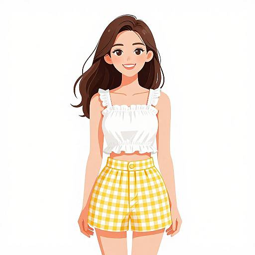 Digital illustration of a smiling Asian woman with long brown hair, wearing a white sleeveless top and yellow plaid shorts, against a white background.