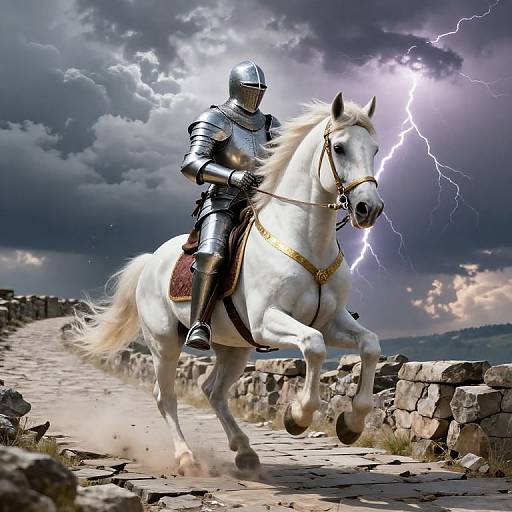 Digital artwork of a knight in silver armor riding a white horse, galloping through a stone path with lightning in a stormy sky.