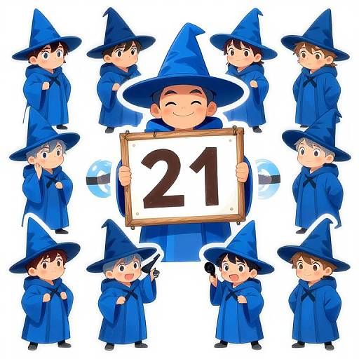 Digital illustration of multiple cartoon wizards in blue robes and hats, surrounding a central wizard holding a 