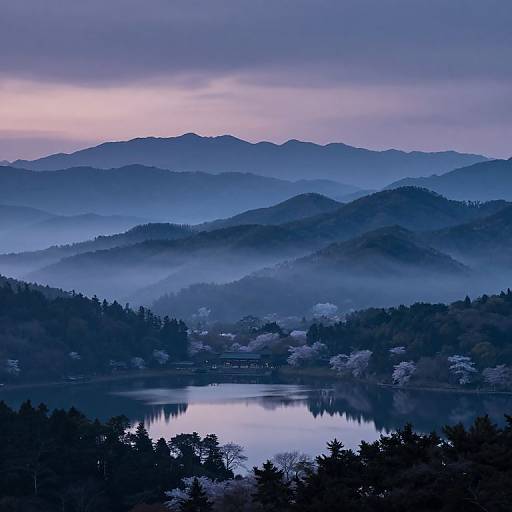 Photograph of a serene, misty lake surrounded by blue-toned, layered mountain ranges under a purple and pink twilight sky.