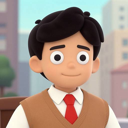 Cartoon-style digital drawing of a smiling boy with black hair, large eyes, wearing a white shirt, red tie, and brown vest, set against