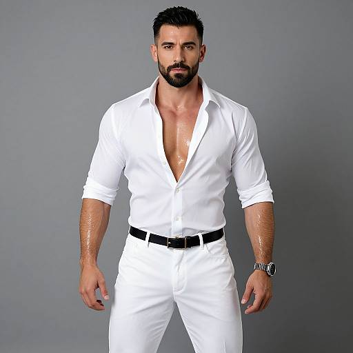 Photorealistic digital artwork of a muscular, bearded man with short dark hair, wearing a white, unbuttoned shirt and pants, black belt