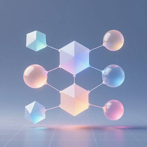 Digital CGI of a glowing molecular structure with six transparent spheres and hexagonal nodes against a blue gradient background.