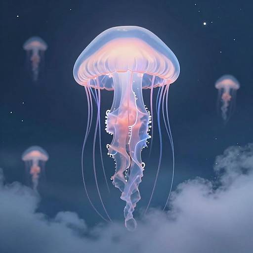 Photograph of glowing, translucent jellyfish with pink and white interiors, floating in a dark blue ocean with small stars and misty clouds.