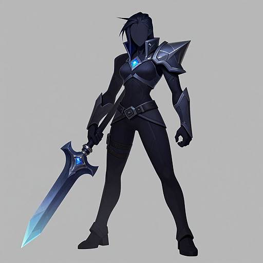 Silhouetted female warrior in dark armor, glowing blue accents, holding large blue glowing sword, standing confidently against light blue background. Digital art.
