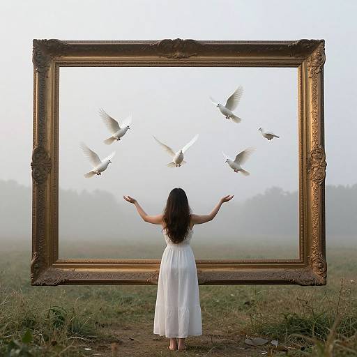 Photograph of a woman in a white dress, facing a large ornate gold-framed empty picture, with six white doves flying above her out