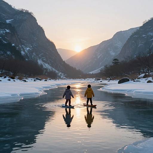 Photograph of two children in winter clothes, standing on ice in a snowy mountain valley, reflecting in a partially frozen river at sunrise.