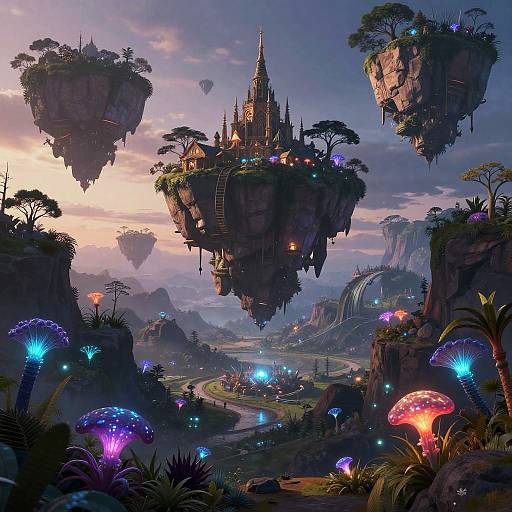 Digital fantasy artwork: floating castle surrounded by glowing mushrooms, floating islands, and vibrant bioluminescent flora, set in a mystical twilight landscape.