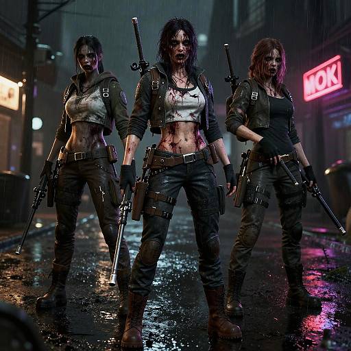 Digital artwork of three fierce, wet, muscular women with guns, in dark tactical gear, standing in a neon-lit, rainy urban street.