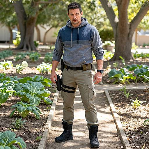 Tactical Man in Garden Setting
