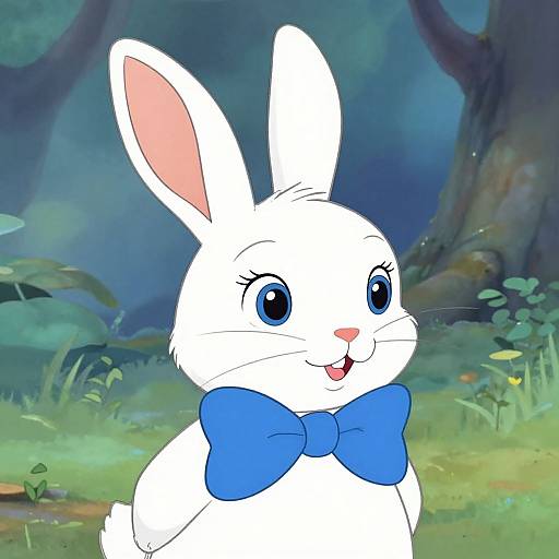 Digital illustration of a cute white rabbit with large blue eyes, pink inner ears, and a blue bow tie, standing in a lush, green forest background