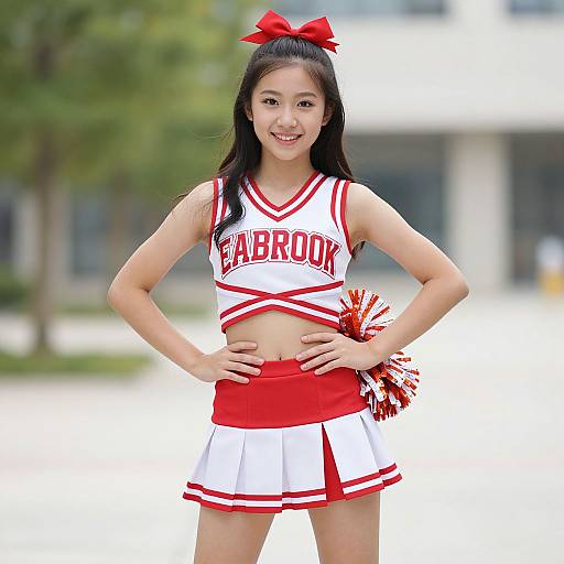 Photograph of an Asian cheerleader with long black hair, red bow, white and red 