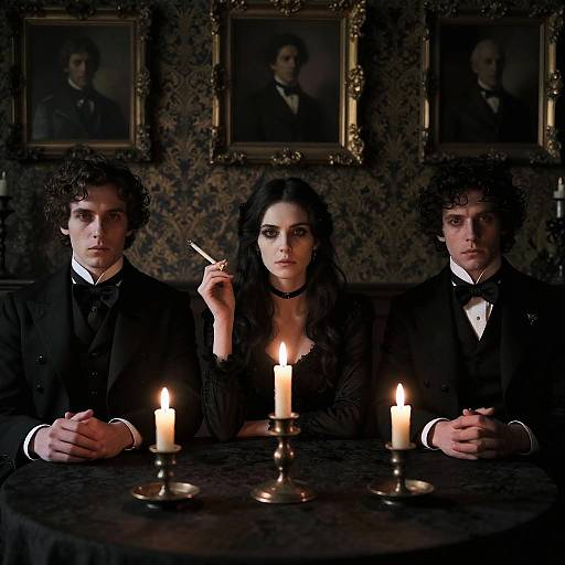 Photograph of three gothic-style men and woman in black suits and dresses, with candlelight, holding a cigarette, framed portraits in dimly lit