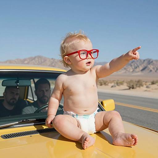 Baby on Yellow Car Hood in Desert