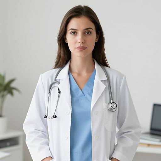 Photograph of a serious female doctor with long dark hair, wearing a white lab coat over light blue scrubs, with a stethoscope around her