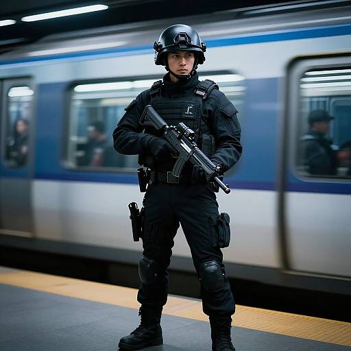 Photograph of a serious male SWAT officer in black tactical gear and helmet, standing on a subway platform with a blurred blue and silver train in the background