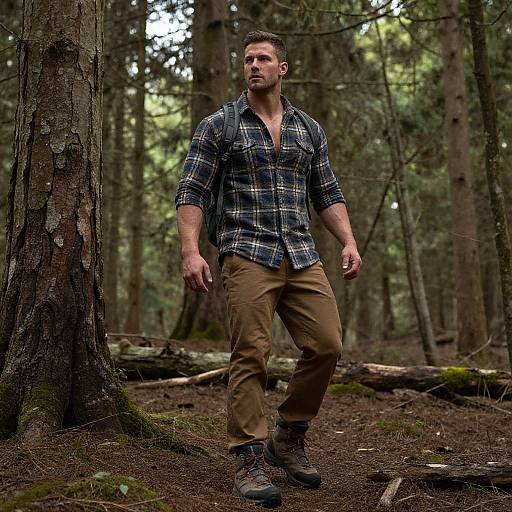 Rugged Male Model Hiking in Forest