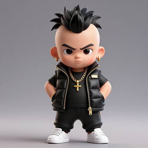 CGI chibi-style figure with spiky black hair, angry expression, gold cross earrings, black puffy vest, black pants, white sneakers,