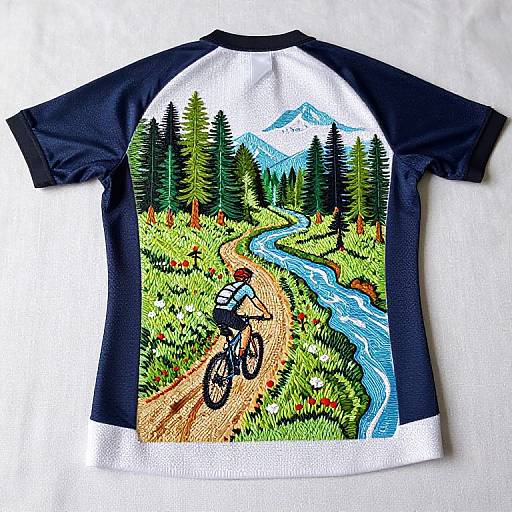 Photograph of a graphic t-shirt with black sleeves, white body, featuring a colorful, detailed mountain bike scene in a forest.
