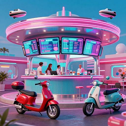 Neon-lit futuristic café with flying cars, two scooters, and three staff members behind a glowing menu board counter. Retro, vibrant, and
