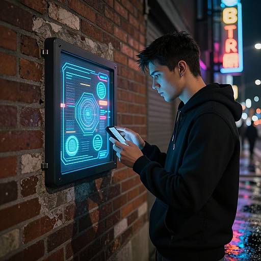 Photograph of a young Asian man in a black hoodie, standing at a glowing NFC reader on a brick wall at night, holding a smartphone, with