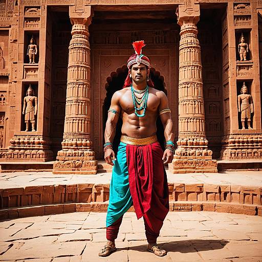 Indian Warrior in Traditional Costume by Ancient Sandstone Architecture