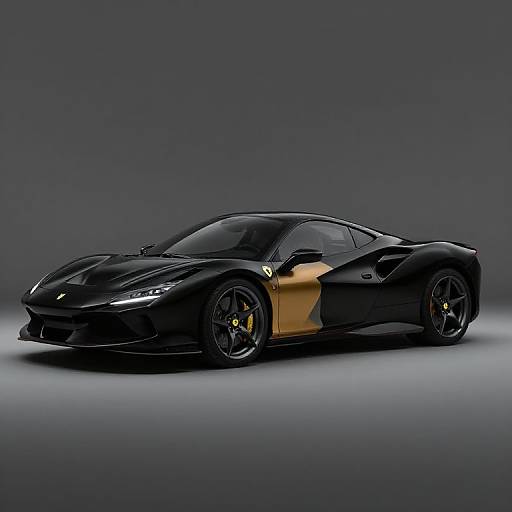 Photograph of a sleek, black Lamborghini Huracán with gold accents, black wheels, and yellow brake calipers, set against a gradient gray