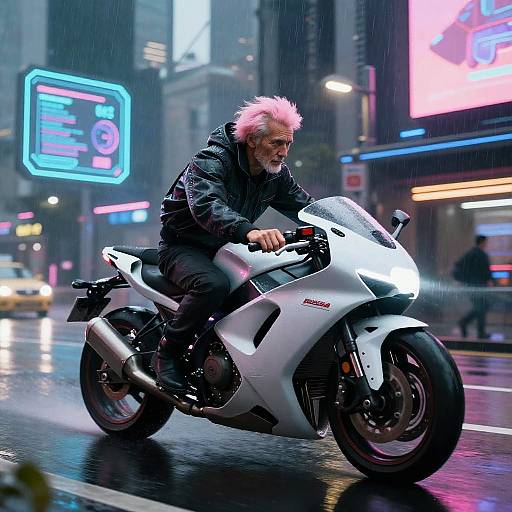 Cyberpunk Old Man on Neon Motorcycle