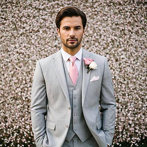 Man in Light Grey Wedding Suit with Pink Tie