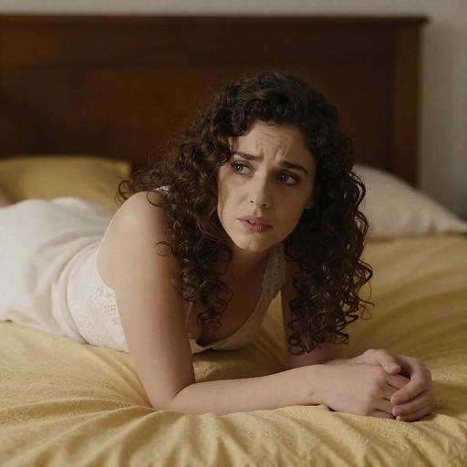 Concerned Woman on Yellow Patterned Bed