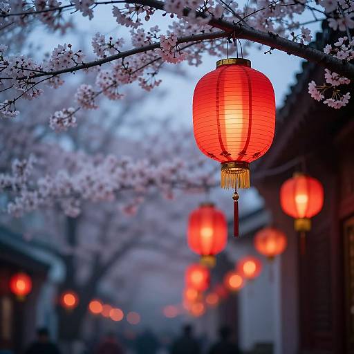 Glowing Red Lanterns in Cherry Blossoms