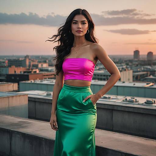 Confident woman on rooftop at sunset