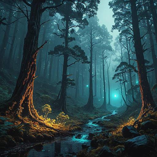 Mystical Misty Forest with Glowing Lights