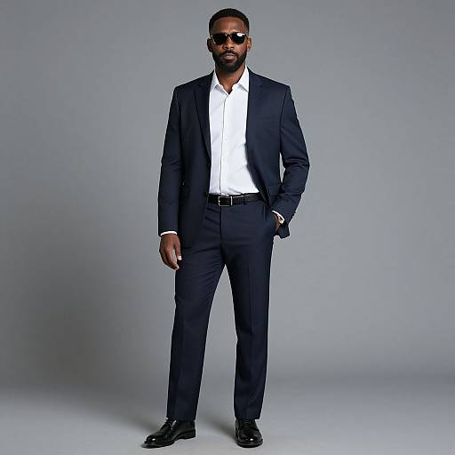 Photograph of a tall, dark-skinned man with a beard, wearing a black suit, white shirt, black tie, black belt, black shoes