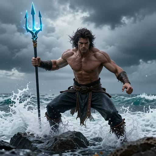 Muscular, shirtless warrior with wild hair holds glowing trident, standing in turbulent ocean waves under a stormy sky. Fantasy CGI illustration.