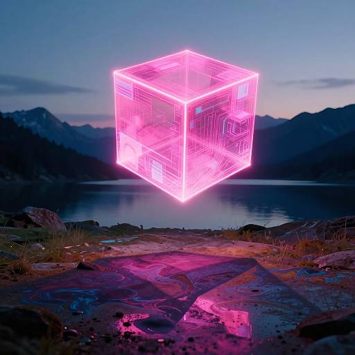 Photograph of a glowing pink neon cube floating above a reflective lake at dusk, with mountains and dark rocky shore in the background.