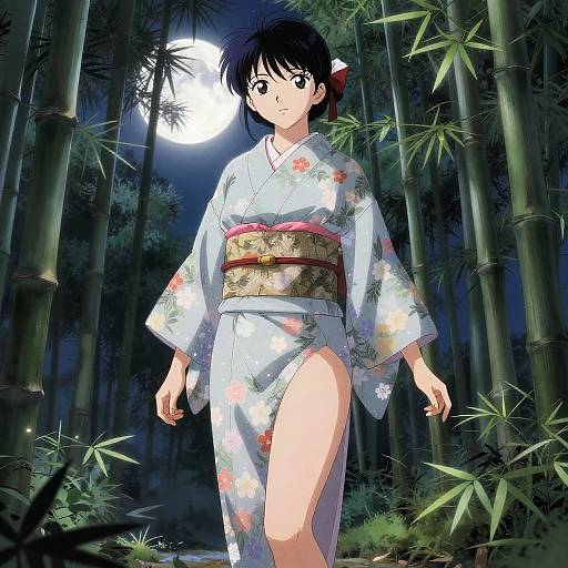 Anime-style illustration of a young woman in a floral kimono with a high slit, standing in a moonlit bamboo forest.